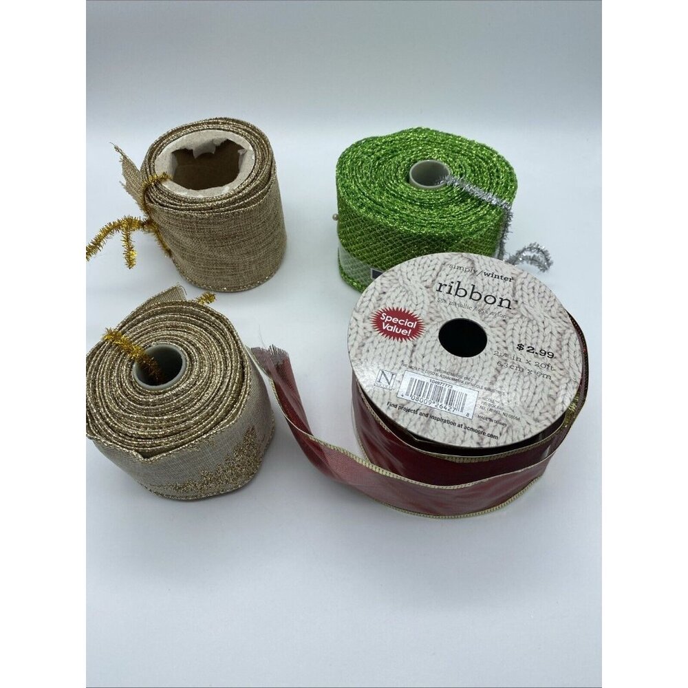 4 Piece Lot -2.5" Wired Ribbon Christmas Holiday Red Green Gold